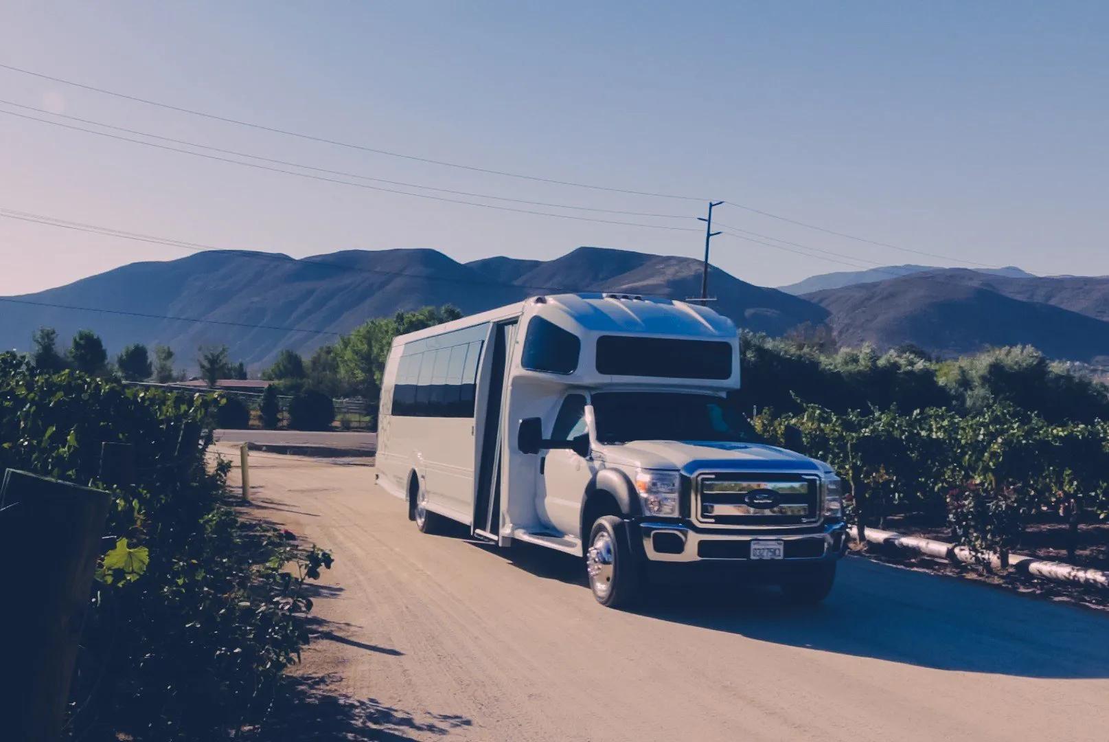 White shuttle on gravel between vineyards