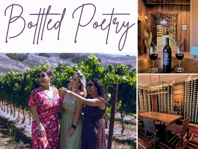 Santa Ynez Valley of Santa Barbara Wine Country. Women enjoying views at Vega Vineyard & Farm, red wine at Firestone Vineyard, and a tasting in the barrel room at Fess Parker Winery & Vineyard.